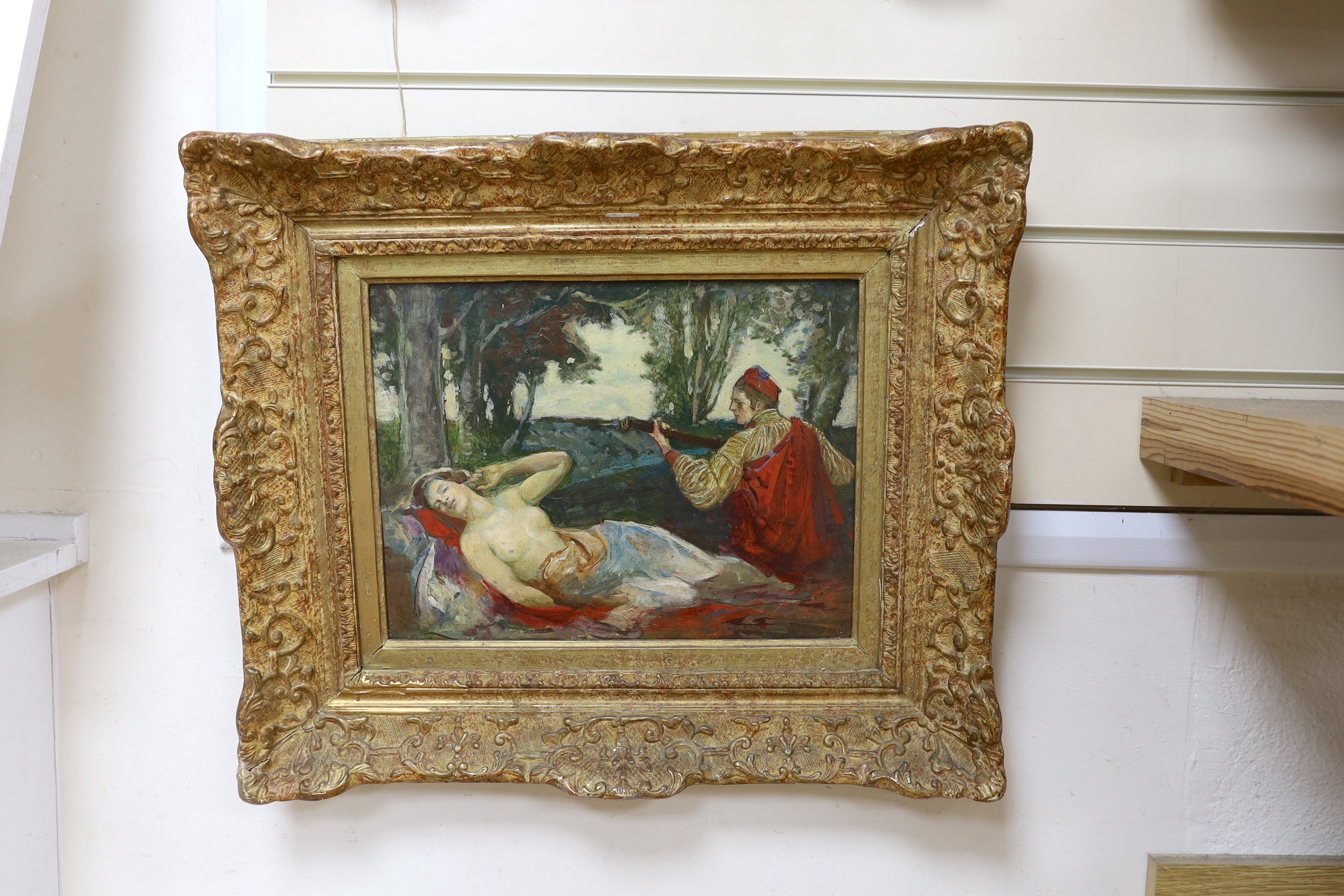 John Henry Amshewitz (SA 1882-1942), oil on wooden panel, Reclining nude and troubadour, signed verso, 26 x 34cm